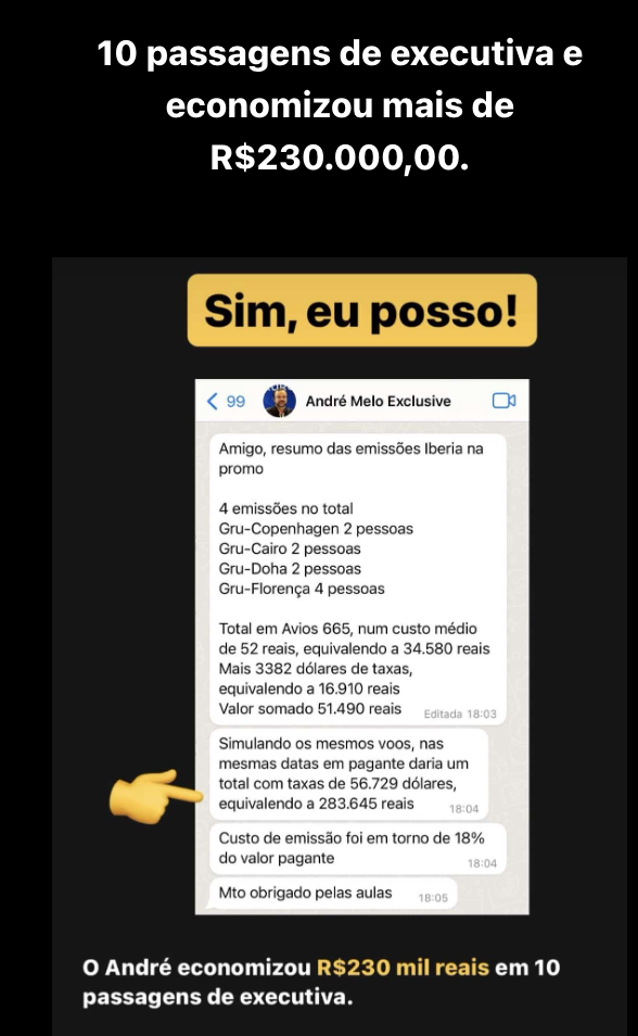 10 passagens de executiva — economia de R$ 230 mil