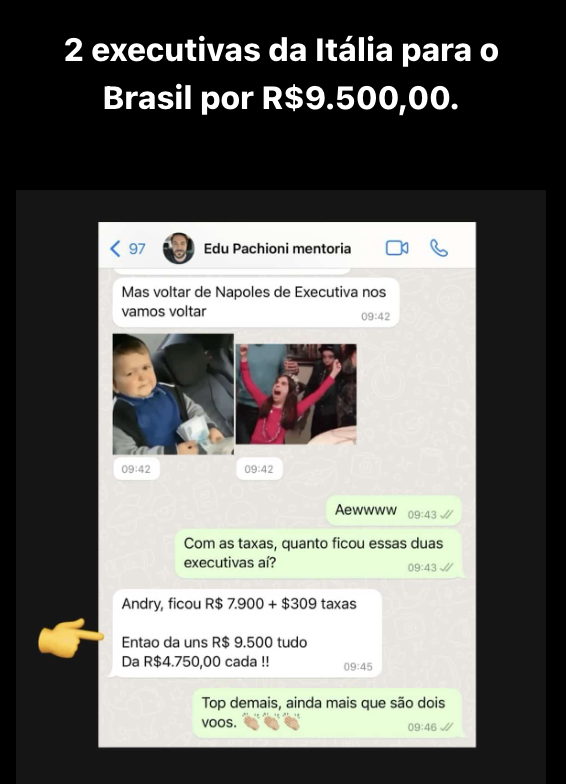 2 executivas Itália–Brasil por R$ 9.500